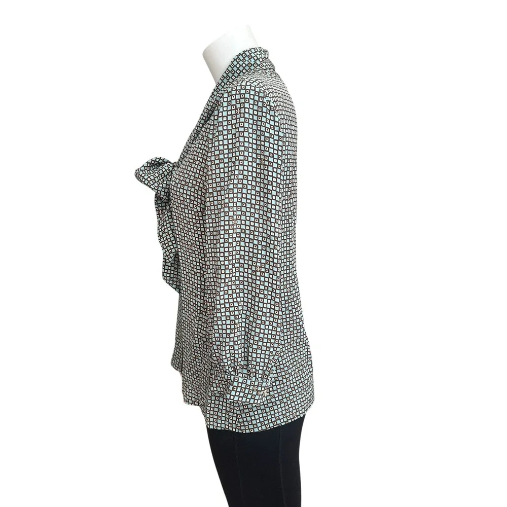 Tory Burch Aqua Brown Bow Tie Front Squares & Logo Print Blouse Sz‎ 6 100% Silk
